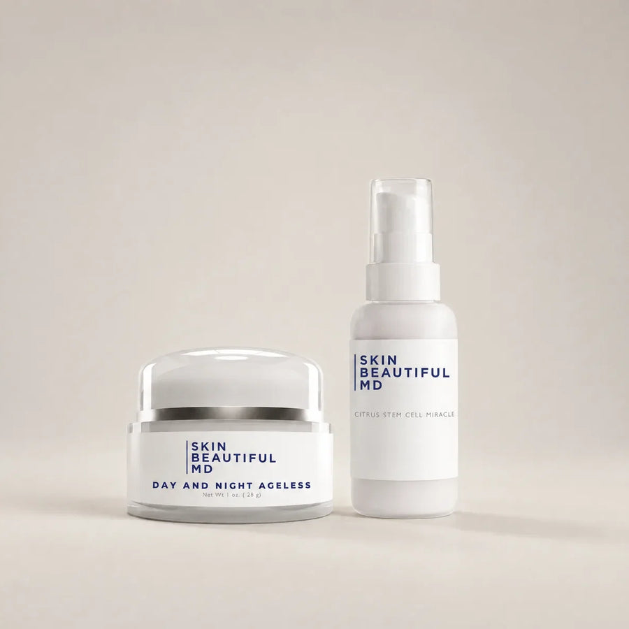 The Day & Night Ageless jar beside the Citrus Stem Cell Miracle bottle on a plain warm studio ground